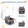 A collage of images showing a baby swing with dimensions and features highlighted. Produktbild-Vorschau