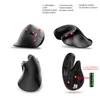 A collage of four images showing different angles of a black vertical mouse, with labels and a diagram indicating battery placement. Produktbild-Vorschau