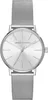 A studio shot of a silver Armani Exchange women's watch with a mesh band and a white dial. Voir les images du produit