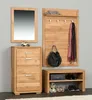 A hallway or entryway setting with a wooden chest of drawers, a mirror, a coat rack with scarves and a bag, and a shoe bench with shoes and a box. Produktbild-Vorschau