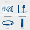 Diagrams illustrating the specifications of a bandsaw. Produktbild-Vorschau
