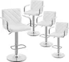 A set of four white bar stools arranged on a white background.