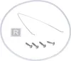 A close-up, overhead view of a set of screws, a thin metal wire, and a small square label with the letter R on it, all within a transparent circular border. Produktbild-Vorschau