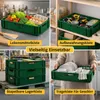 A collage of four images showing green plastic crates used for different purposes: storing food, tools, stacked for storage, and holding dishes. Produktbild-Vorschau