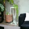 A modern white metal plant stand with a trailing green plant sits next to a black sofa and a woven basket planter. Anteprima dell’immagine prodotto