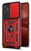A red and black phone case with a camera cover and a ring holder is shown next to a smartphone. Produktbild-Vorschau