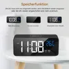 A digital alarm clock is shown on a table, with text and smaller images illustrating its features. Produktbild-Vorschau