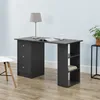 A dark gray desk with drawers and shelves, a lamp, and a glass of water on top, set against a light blue wall and wooden floor. Podgląd zdjęcia produktu