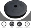 A black weight plate with brand and weight information, accompanied by four circular icons illustrating product features. Produktbild-Vorschau