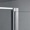 A close-up view of a modern shower enclosure's corner, showing the aluminum frame and clear glass. Produktbild-Vorschau