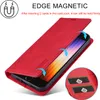 A red phone case is shown with a phone inside, highlighting its magnetic closure and card slots. Produktbild-Vorschau