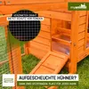 A close-up view of a wooden chicken coop with a ramp and wire mesh, set on grass. Produktbild-Vorschau