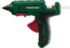 A studio shot of a green and black hot glue gun with a red trigger, against a white background. Produktbild-Vorschau