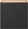 A product shot of a black poly rattan planter with a wooden top. Produktbild-Vorschau