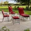 Outdoor patio furniture set with red cushions on a tiled patio. Produktbild-Vorschau
