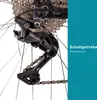 A close-up view of a bicycle's rear derailleur and cassette, with text overlay on the right side. Produktbild-Vorschau