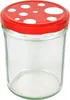 A clear studio shot of a glass jar with a red lid decorated with white polka dots. Podgląd zdjęcia produktu