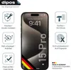 A product image showcasing a screen protector for an iPhone 15 Pro, with various feature icons and text. Produktbild-Vorschau
