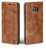 A brown leather flip case for a smartphone, shown from the front and back. Produktbild-Vorschau