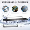 A black shower caddy is shown partially submerged in water, with three circular graphics above it illustrating its features. Produktbild-Vorschau