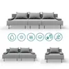 A set of modular outdoor furniture pieces, including a three-seater sofa, a two-seater sofa, and an armchair, displayed on a white background with feature icons. Podgląd zdjęcia produktu