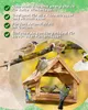 Birds feeding from a wooden bird feeder with text overlays describing the product's benefits. Produktbild-Vorschau