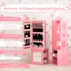 A pink jewelry cabinet with multiple storage compartments and a mirror, shown with labels indicating its features. Podgląd zdjęcia produktu