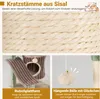 A collage of images showcasing features of a cat tree, including sisal scratching posts, a ramp, and a dangling toy. Produktbild-Vorschau