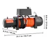 A VEVOR electric winch with orange synthetic rope is shown with dimensions indicated by measurement lines and text. Náhled obrázku produktu