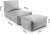 A grey bean bag chair and ottoman with dimensions labeled. Produktbild-Vorschau
