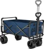 A blue folding wagon with black frame and wheels, shown from a diagonal angle. Voir les images du produit