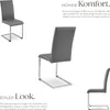 Three views of a gray upholstered dining chair with a cantilever metal base, presented on a white background with German marketing text. Produktbild-Vorschau