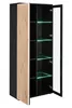 A tall, narrow cabinet with a black exterior and a slatted wood-tone front panel. The glass door is open, revealing shelves with green LED lighting. Náhľad obrázku produktu