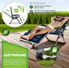 A man relaxing on a navy blue reclining chair on a wooden deck, with green grass in the background. The image includes diagrams and text highlighting the chair's features. Náhľad obrázku produktu
