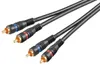 A pair of black RCA audio cables with gold-plated connectors and colored bands (blue and red) on a white background. Produktbild-Vorschau