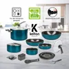 A collection of teal cookware and kitchen accessories arranged on a marble-like surface, with a blurred kitchen background. Produktbild-Vorschau