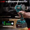A person is holding a cordless impact wrench, with a close-up view of the tool and its battery. A graphic overlay displays feature information. Voir les images du produit