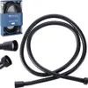 A black shower hose is displayed with its packaging and two close-up views of the connectors. Náhľad obrázku produktu