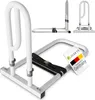 A white metal bed rail designed for seniors, shown from multiple angles and with a close-up of the base and strap. A small tag indicates it is 'Designed in Germany'. Náhled obrázku produktu