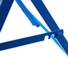 A close-up view of a blue metal folding sawhorse, showing the joint mechanism and a bottle opener feature. Produktbild-Vorschau