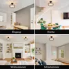 A collage of four images showing a ceiling lamp in different room settings: an entryway, a dining area, a living room, and a bedroom. Produktbild-Vorschau