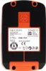 The back of a black and orange rechargeable battery pack with a white label containing product information and logos. Produktbild-Vorschau