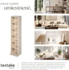Collage showing a tall, narrow wooden bookshelf with multiple shelves, placed next to text and images depicting its use in different rooms such as an office, living room, hallway, and bedroom. Anteprima dell’immagine prodotto