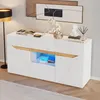 A modern white sideboard with wooden accents and LED lighting, displayed in a room setting. Podgląd zdjęcia produktu