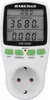 A digital energy meter plugged into a wall socket, displaying energy consumption and cost. Produktbild-Vorschau