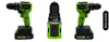 Three views of a cordless drill with a battery pack attached, presented side-by-side. Produktbild-Vorschau