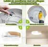 Collage of four images showing the installation steps of a modern LED ceiling light. Voir les images du produit