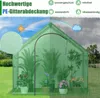 A green greenhouse with plants inside, shown under sunny and rainy conditions. Podgląd zdjęcia produktu