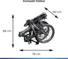 A folded bicycle with dimensions indicated by arrows and text. Produktbild-Vorschau