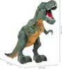 A green toy dinosaur with its mouth open, standing on a white background. Dimensions are indicated by lines and text. Produktbild-Vorschau